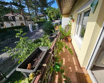 Heller Balkon mit Pflanzenkästen und Blick auf die ruhige Wohnstraße mit Bäumen.