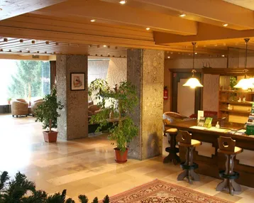 Geräumige Hotellobby mit Bar, bequemen Sitzgelegenheiten, Steinpfeilern und Blick auf die umliegende Natur.