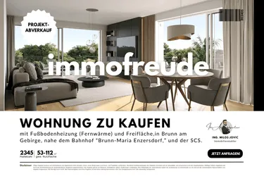 Zum Verkauf steht eine 4-Zimmer-Balkon-Wohnung mit ca. 26,35 m² Freifläche in Brunn am Gebirge, nahe dem Bahnhof "Brunn-Maria Enzersdorf" und nur 8 Autominuten von der SCS entfernt.