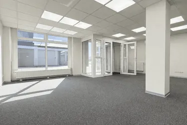 Sichtbares Büro mit großer Glasfront, Seminarraum und Klimaanlage