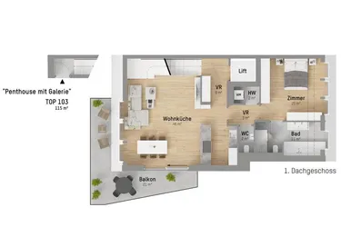 Malerisches 3-Zimmer Penthouse mit Galerie nur 290 m vom Wasser entfernt. Deckenkühlung