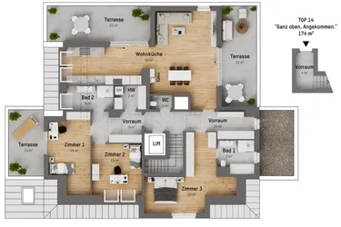 "Ganz oben. Angekommen": Premium-Penthouse mit 4 Zimmern und 3 Terrassen im 2. DG. 