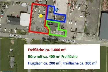 Überdachte Fläche (Flugdach) mit ca. 200 m², Freifläche mit ca. 300 m² plus Halle und Büro zu pachten - Glaserweg, Lustenau!