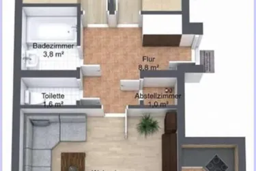 Anlegerwohnung für Studenten 2er WG. 2 extra SZ, 1 großer Wohnraum, Küche, Bad, WC, Loggia, Garten.