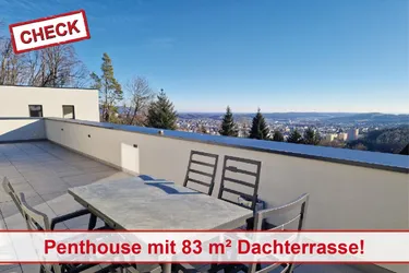 Fernsicht über Weiz! Penthouse-Maisonette mit 83 m² Dachterrasse und 270 m² Garten! In Sackgassenlage!