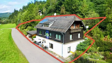 Luftbild mit Haus und eingezeichnetem Grundstück