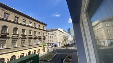 Ausblick auf frisch angelegte Blumenbeete vor dem Haus