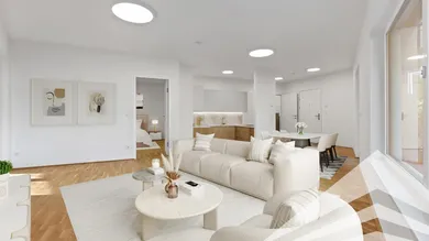 Wohn-/Esszimmer & Küche mit Möblierungsvorschlag