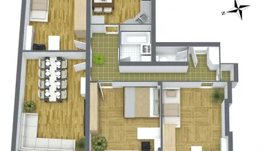 schematischer 3D-Grundriss mit Einrichtunsgvorschlag