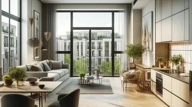 DALL·E 2025-03-08 00.44.31 - A modern apartment interior with large windows, allowing natural light to flood the space. The room has an open-plan design with a stylish kitchen fea
