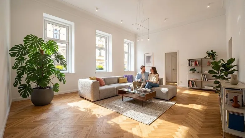 Helles und geräumiges Wohnzimmer mit Fischgrätparkett, hohen Decken und moderner Einrichtung.