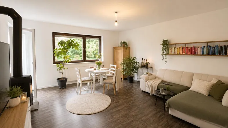 Helles Wohn- und Esszimmer mit modernem Kaminofen, Holzboden und Blick ins Grüne.