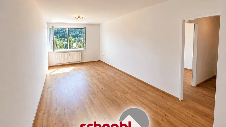 Helles Wohnzimmer mit Laminatboden und einem Fenster, das einen grünen Ausblick bietet.