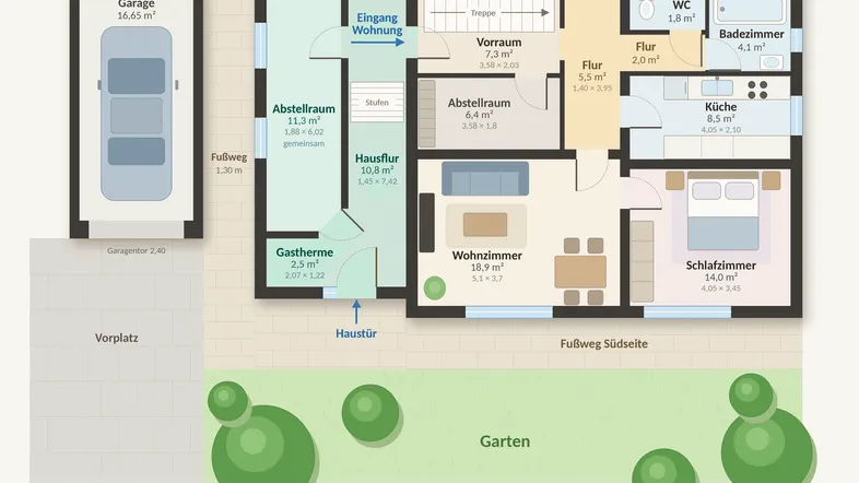 Grundriss einer 2-Zimmer-Wohnung im Erdgeschoss mit Garten und Garage.