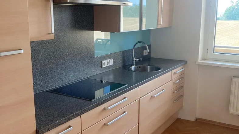 Moderne Einbauküche mit Holzfronten, dunkler Arbeitsplatte und Blick ins Grüne.