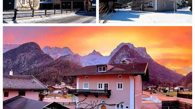 Collage von Außenansichten des Hauses mit verschneiten Bergen und einem dramatischen Sonnenuntergang.