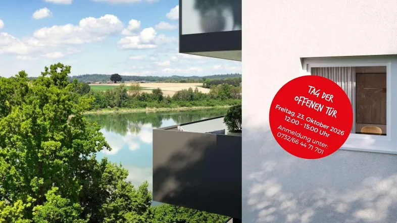 Moderne Architektur mit Balkonen und weitem Blick auf den Fluss und die grüne Landschaft.