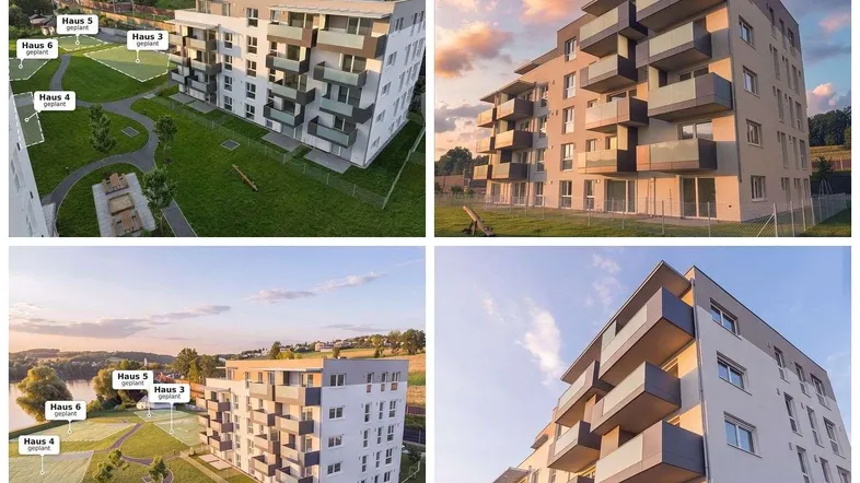 Luftaufnahme des modernen Neubaukomplexes mit geplanten Gebäuden und Grünflächen.