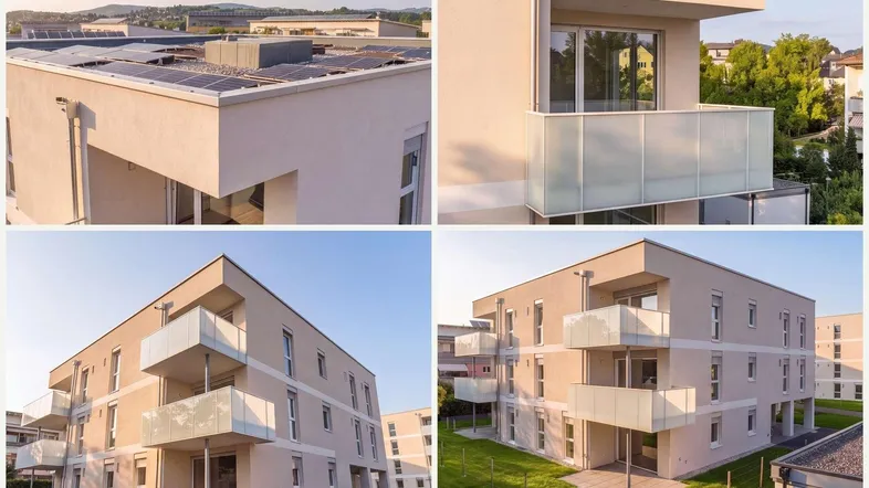 Moderne Wohngebäude-Fassade mit Balkonen und Solarpaneelen auf dem Flachdach in einer städtischen Umgebung.