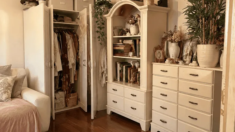 Gemütliches Schlafzimmer mit Holzboden, weißem Kleiderschrank und Kommode, dekoriert mit Pflanzen.
