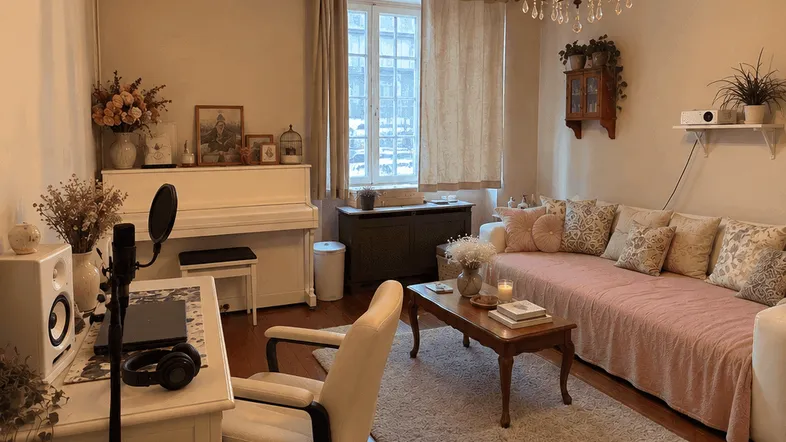 Gemütliches Wohnzimmer mit Klavier, Schreibtisch und Kronleuchter, ideal für Entspannung und Arbeit.