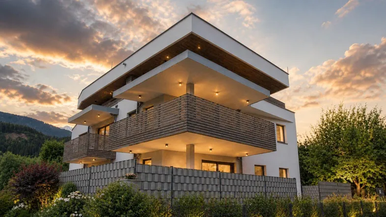 Modernes Mehrfamilienhaus mit mehreren Balkonen und gepflegter Außenanlage bei Sonnenuntergang.