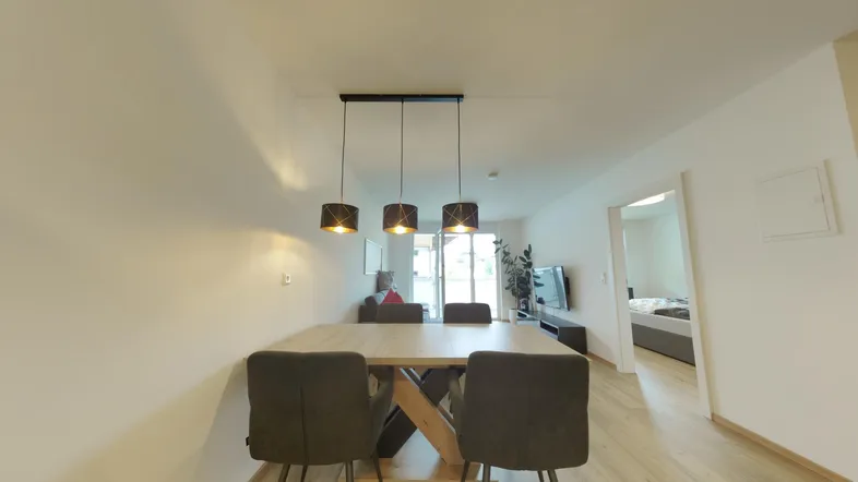 Moderner Essbereich mit Holztisch und dunklen Stühlen, offen zum Wohnzimmer.