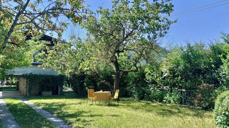 Großer, gepflegter Garten mit Rasenfläche, Bäumen und einem kleinen Sitzbereich im Freien.