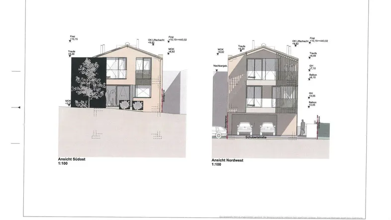 Architektonische Ansichten des Gebäudes von Südost und Nordwest mit Garagen und Balkonen.