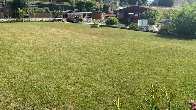 Große Rasenfläche mit entfernten Häusern und Bäumen unter einem sonnigen Himmel.