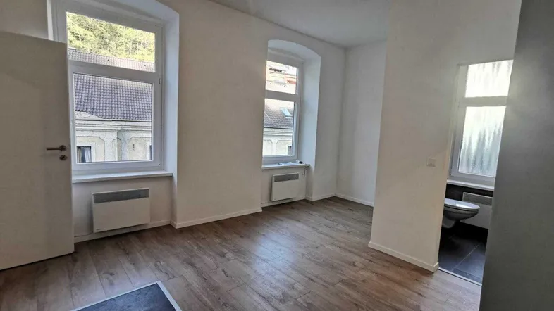 Heller Raum mit Laminatboden, weißen Wänden und Blick auf die Nachbarschaft.