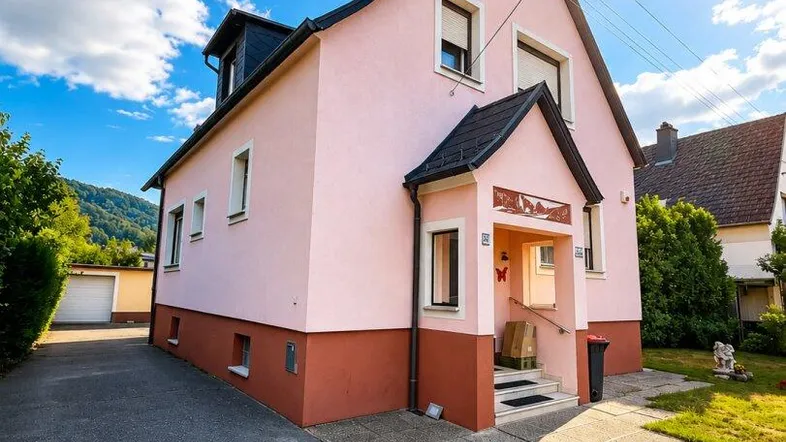Rosa Hausfassade mit Vorgarten und Einfahrt unter strahlend blauem Himmel.