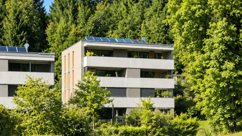 Moderne Wohngebäude mit Solaranlagen auf dem Dach, umgeben von üppiger grüner Natur.