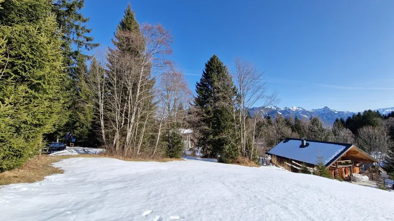Charmantes Holzhaus mit schneebedecktem Dach, umgeben von Bäumen und mit Bergblick.