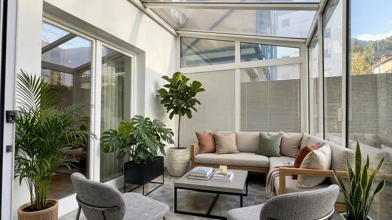 Heller Wintergarten mit bequemer Sitzecke, vielen Pflanzen und Glasdach für entspannte Stunden.
