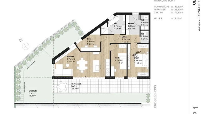 Detaillierter Grundriss einer 4-Zimmer-Wohnung im Erdgeschoss mit Terrasse und Garten.