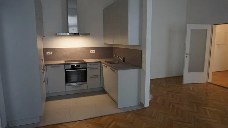Moderne Einbauküche mit hellgrauen Fronten, Induktionskochfeld und Dunstabzugshaube, angrenzend an Wohnbereich.