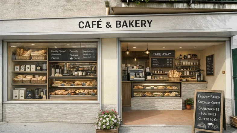 Fassade eines Cafés und einer Bäckerei mit großen Schaufenstern und Außendekoration, die zum Eintreten einlädt.