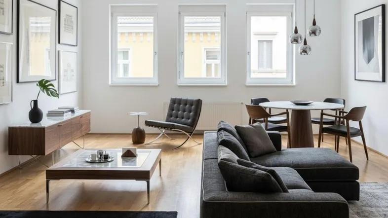Modernes Wohn- und Esszimmer mit Parkettboden, stilvollen Möbeln und viel Tageslicht.