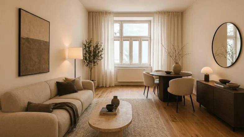 Helles Wohn- und Esszimmer mit Parkettboden, großen Fenstern und moderner Einrichtung.