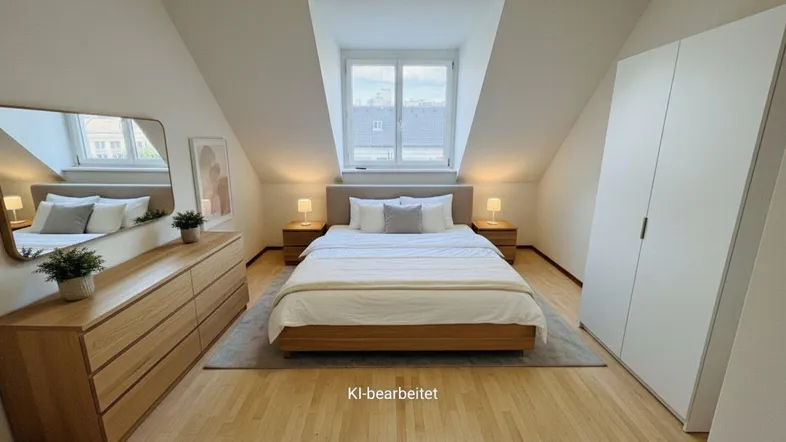Helles Schlafzimmer mit Dachschrägen, Holzboden und modernen Möbeln, inklusive Einbauschrank.
