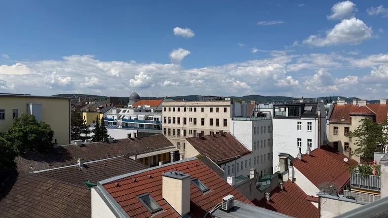 Weitläufiger Blick über die Dächer der Stadt mit blauen Himmel und Wolken.
