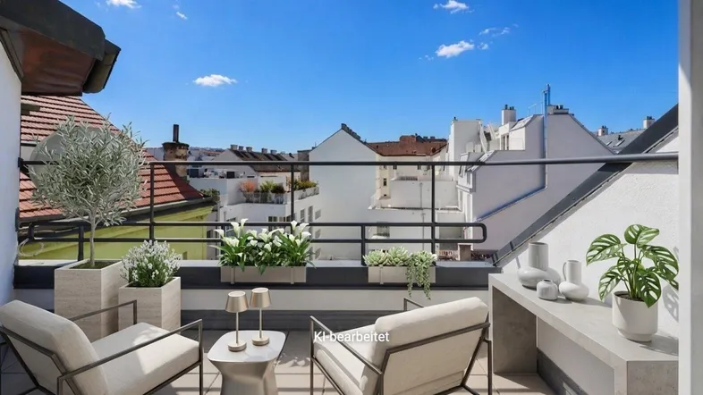 Möblierte Dachterrasse mit modernen Sitzgelegenheiten, Pflanzen und weitem Blick über die Stadt.
