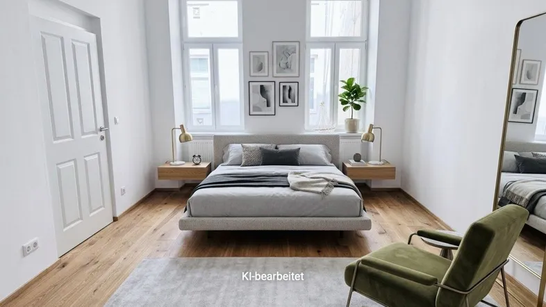 Helles Schlafzimmer mit Holzboden, großen Fenstern und moderner Einrichtung, KI-bearbeitet.