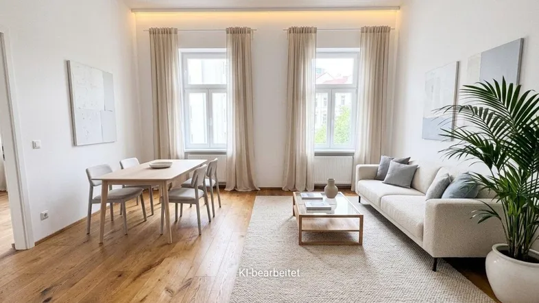 Helles, offenes Wohn- und Esszimmer mit modernem Design, Holzboden und großen Fenstern.