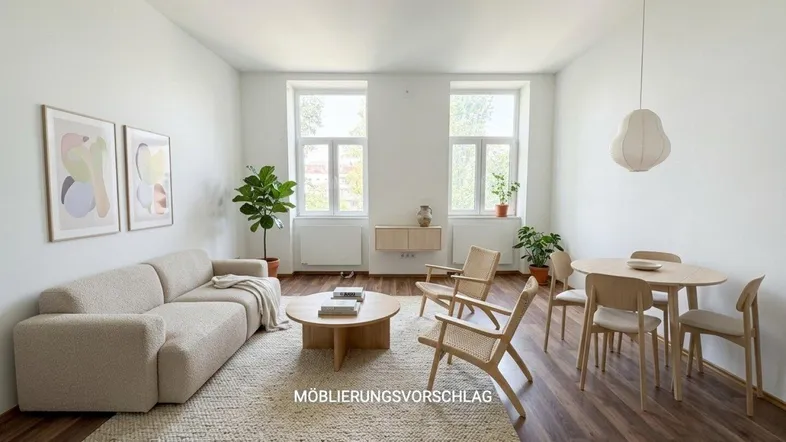 Heller, offener Wohn- und Essbereich mit hohen Decken, Holzboden und großen Fenstern, als Möblierungsvorschlag.