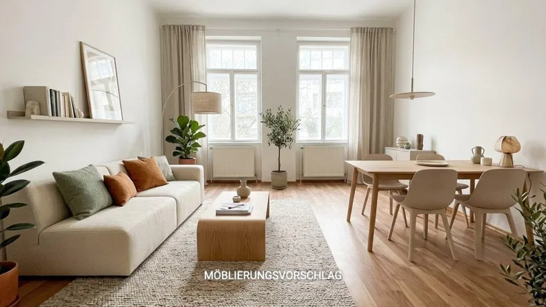 Heller Wohn- und Essbereich mit modernem Design, Holzboden und großen Fenstern, ideal für offenes Wohnen.
