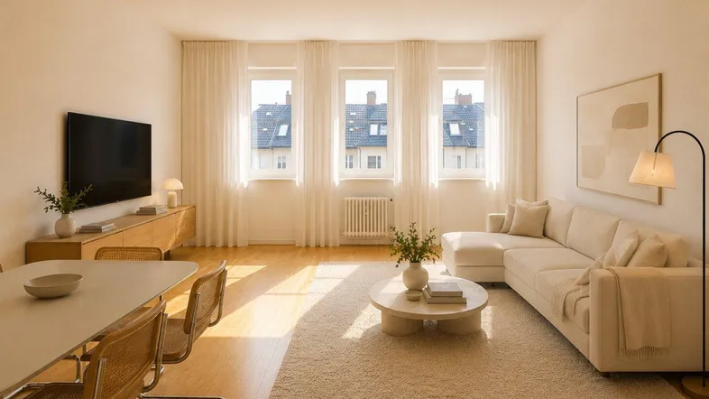 Helles Wohn- und Esszimmer mit modernem Sofa, Esstisch und Blick auf die Dächer.