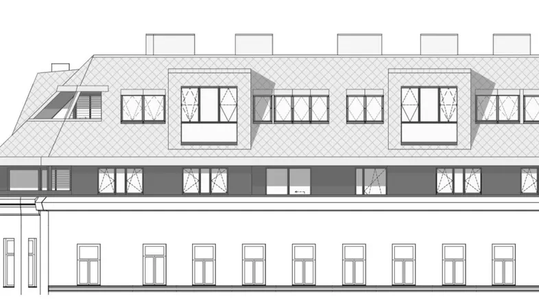Architektonische Zeichnung der Gebäudefassade mit Mansarddach und Dachgauben.