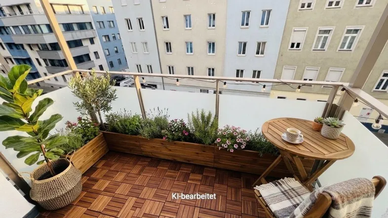 Möblierter Balkon mit Holzbodenfliesen, Pflanzen und Blick auf die Stadtgebäude.